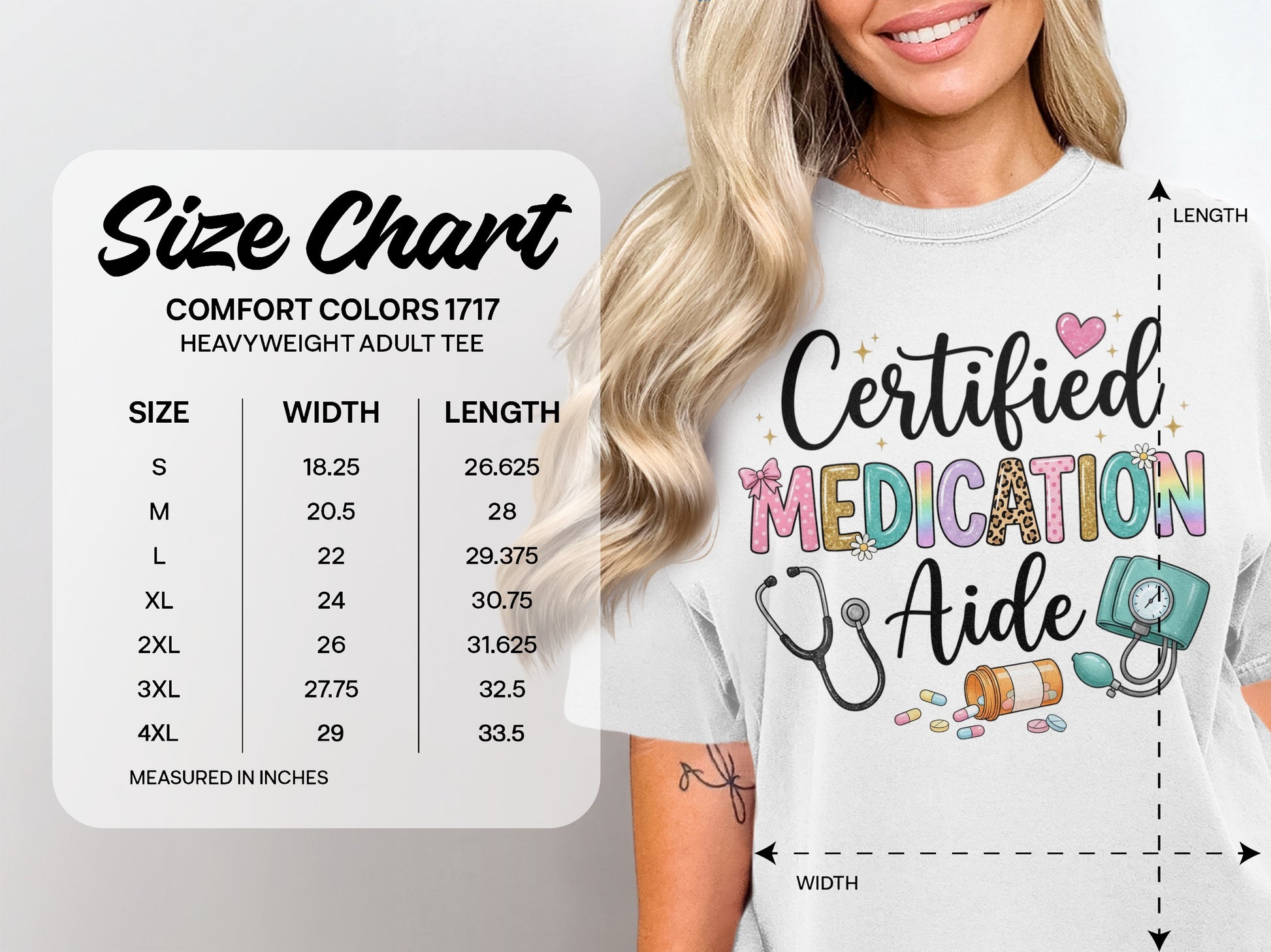 Size chart for Comfort Colors 1717 heavyweight adult tee with medication aide graphic.