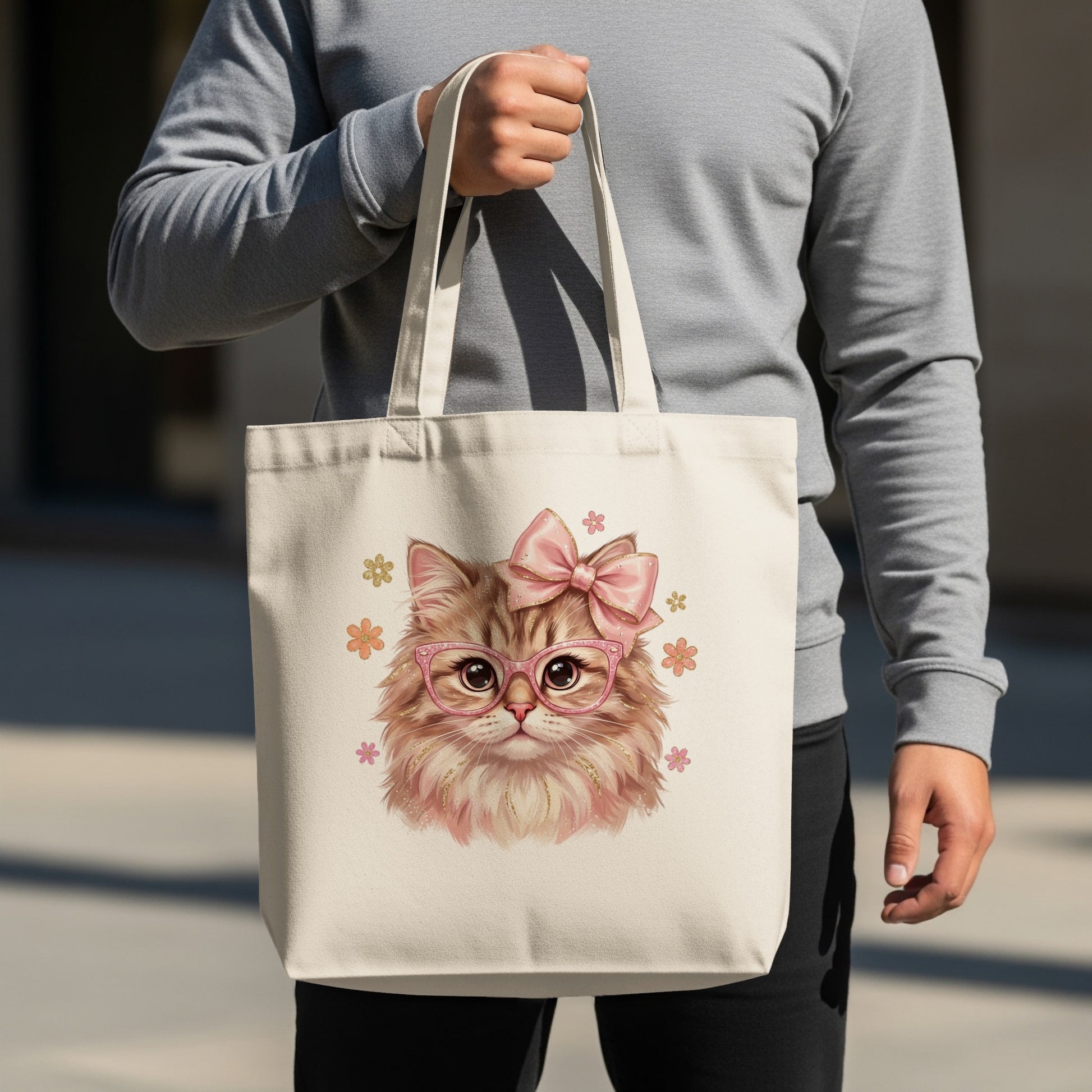 Tote bag with a cat illustration wearing glasses and a pink bow.