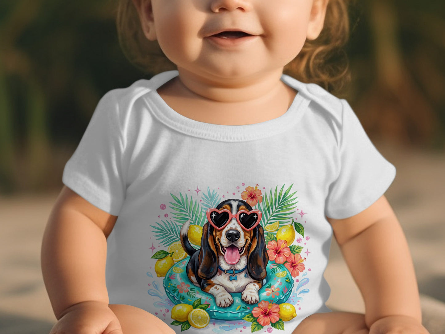 Baby wearing a white bodysuit with a cartoon beagle in sunglasses on a float.