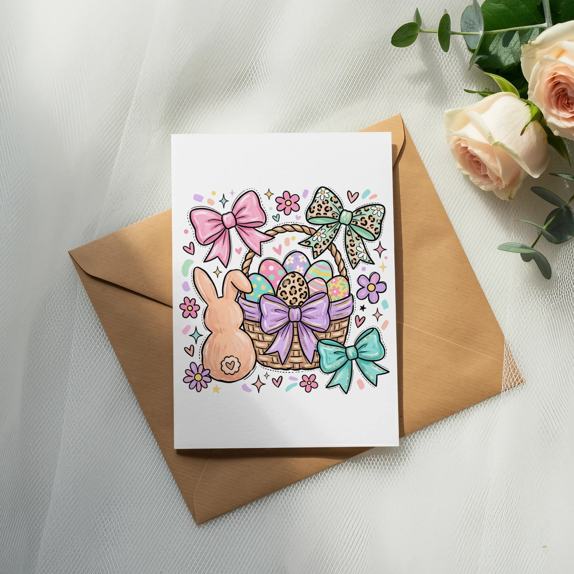 Easter basket with bunny, eggs, and bows on a card.