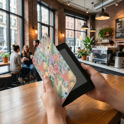 Tablet with floral pattern case held by hands in a cafe.