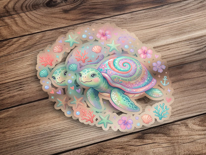 Two pastel sea turtles with colorful shells surrounded by seashells and stars.