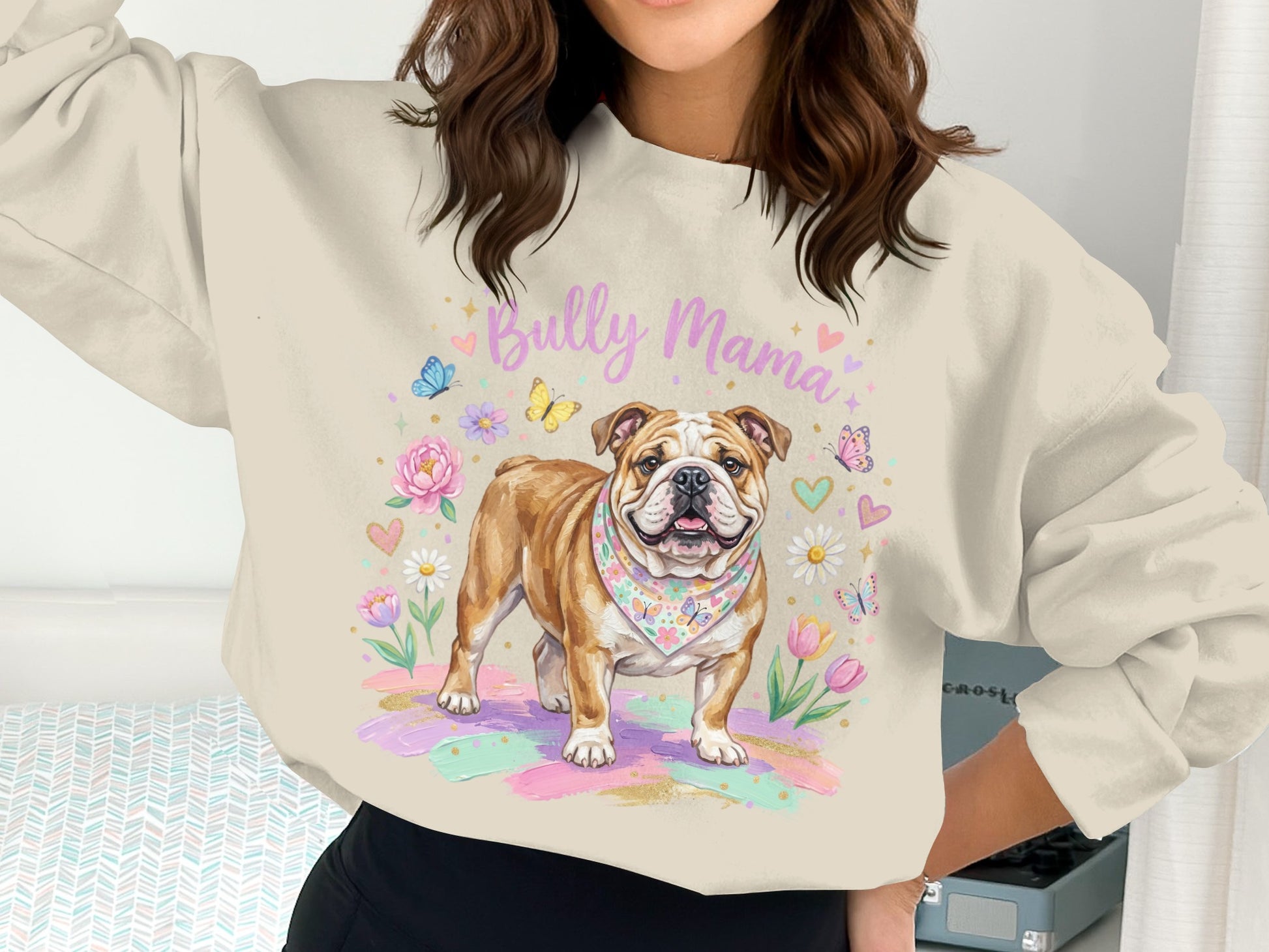 Bully Mama sweatshirt with bulldog and pastel floral graphics.