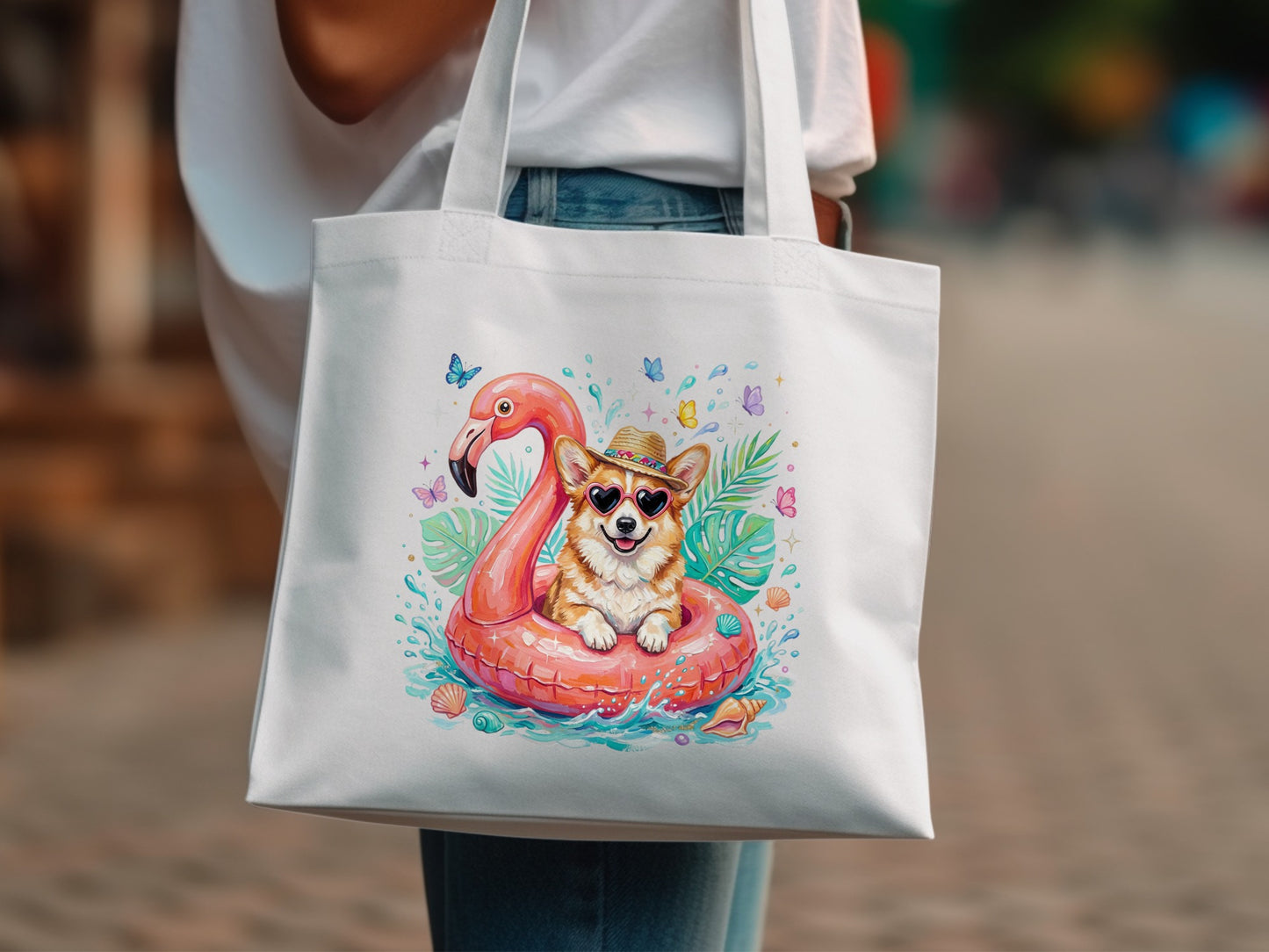 Corgi in flamingo float, sunglasses, summer vibe, on tote bag.