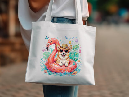 Corgi in flamingo float, sunglasses, summer vibe, on tote bag.