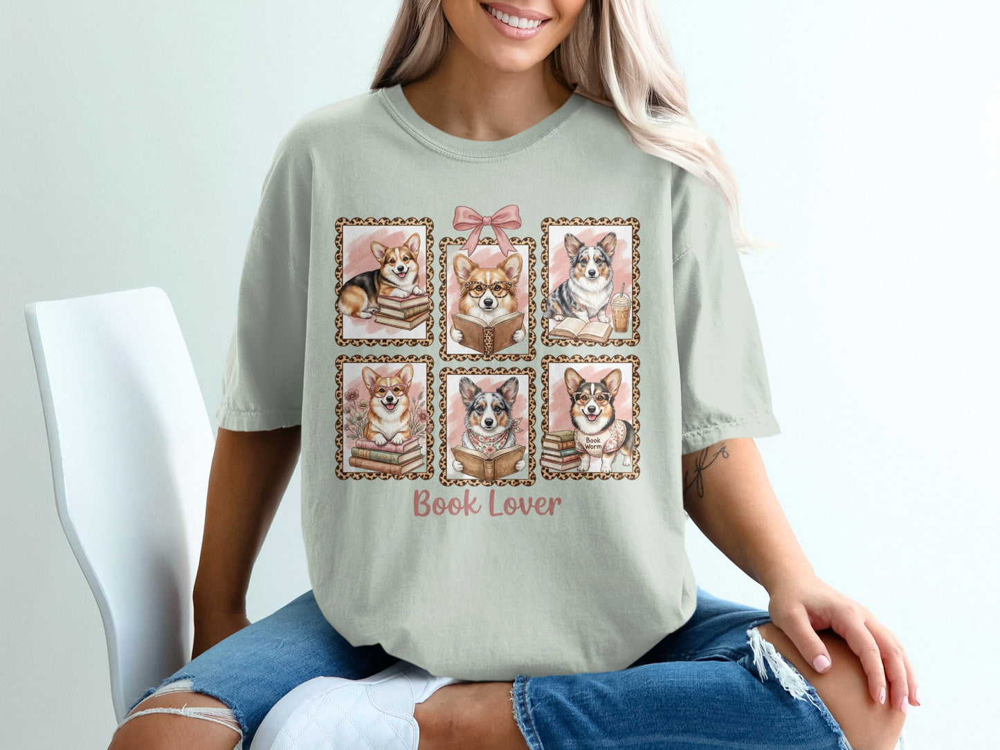 Six framed Corgis reading books with "Book Lover" text.