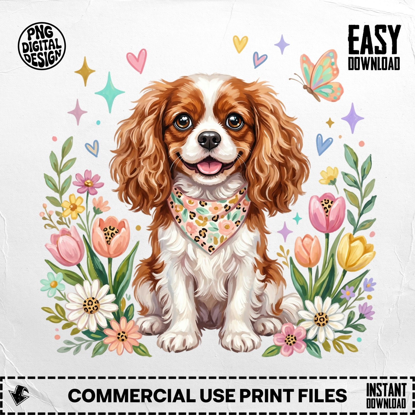 Cavalier King Charles Spaniel dog wearing a bandana, surrounded by flowers and hearts.
