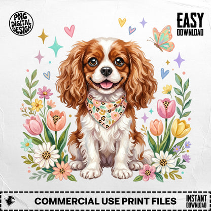 Cavalier King Charles Spaniel dog wearing a bandana, surrounded by flowers and hearts.