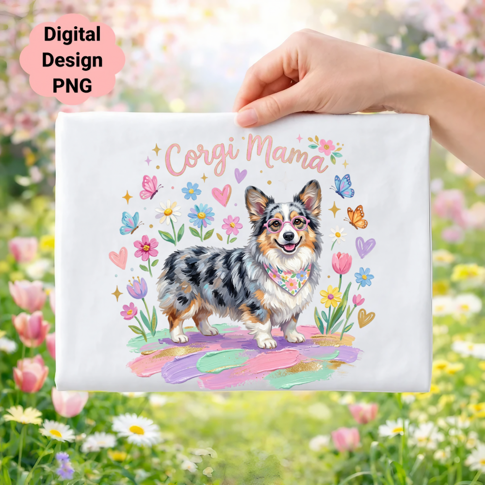 Corgi Mama with flowers and butterflies, digital design PNG.