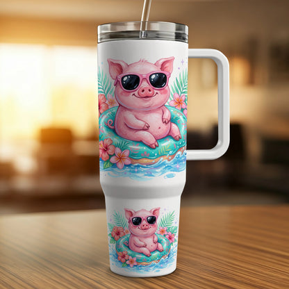 Pink stainless steel tumbler with a cartoon pig wearing sunglasses on a float.