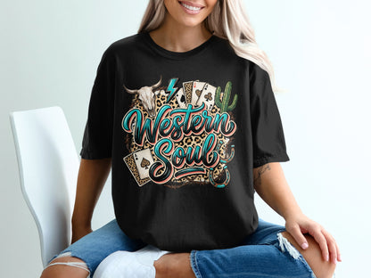 Black t-shirt with "Western Soul" text, playing cards, skull, and cactus graphic.