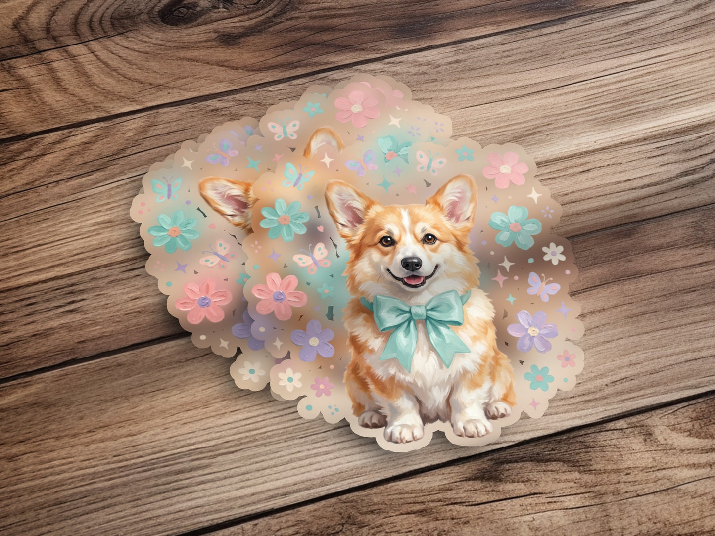 Corgi dog wearing a teal bow tie with pastel flowers and butterflies.