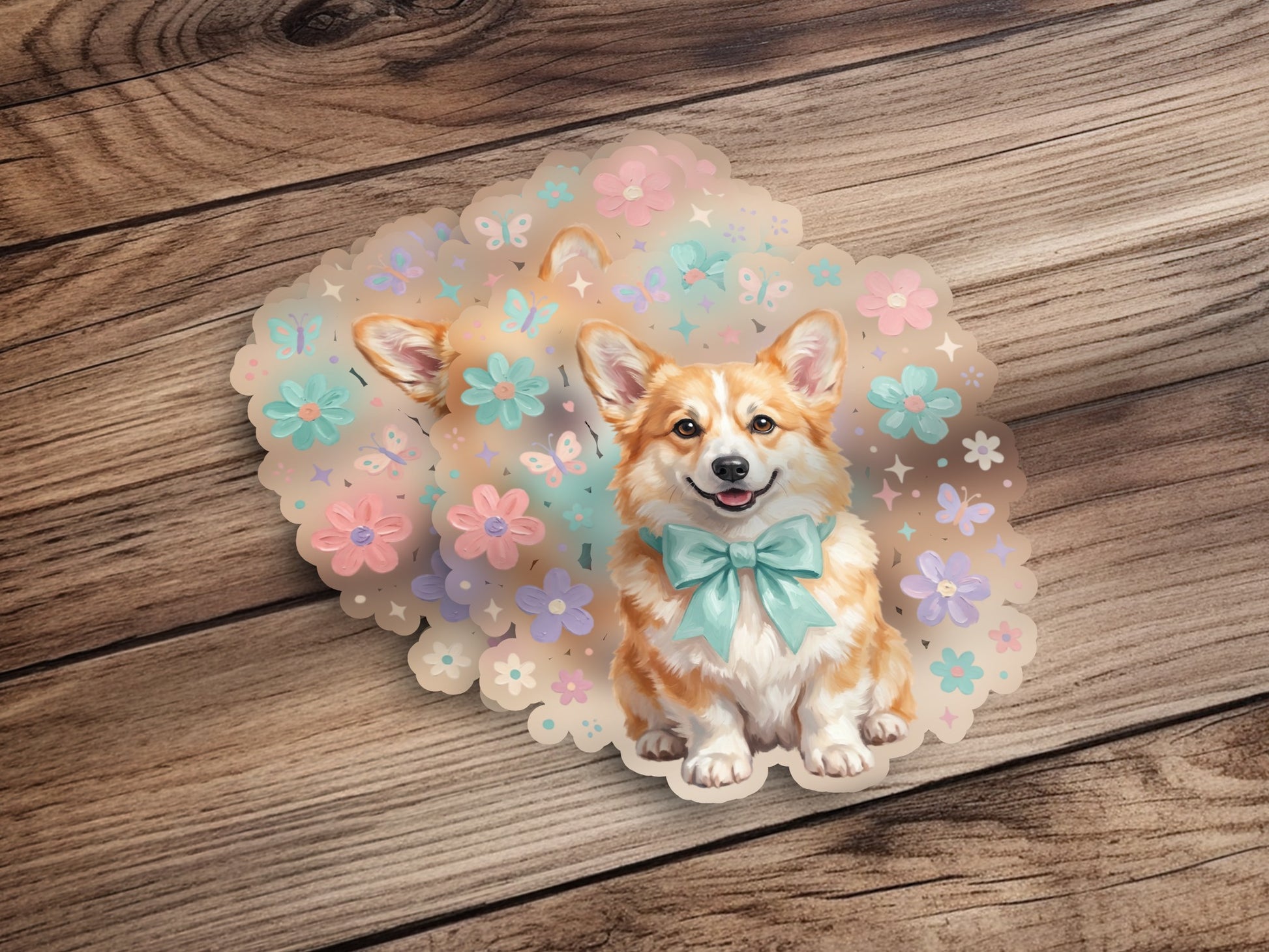 Corgi dog wearing a teal bow tie with pastel flowers and butterflies.