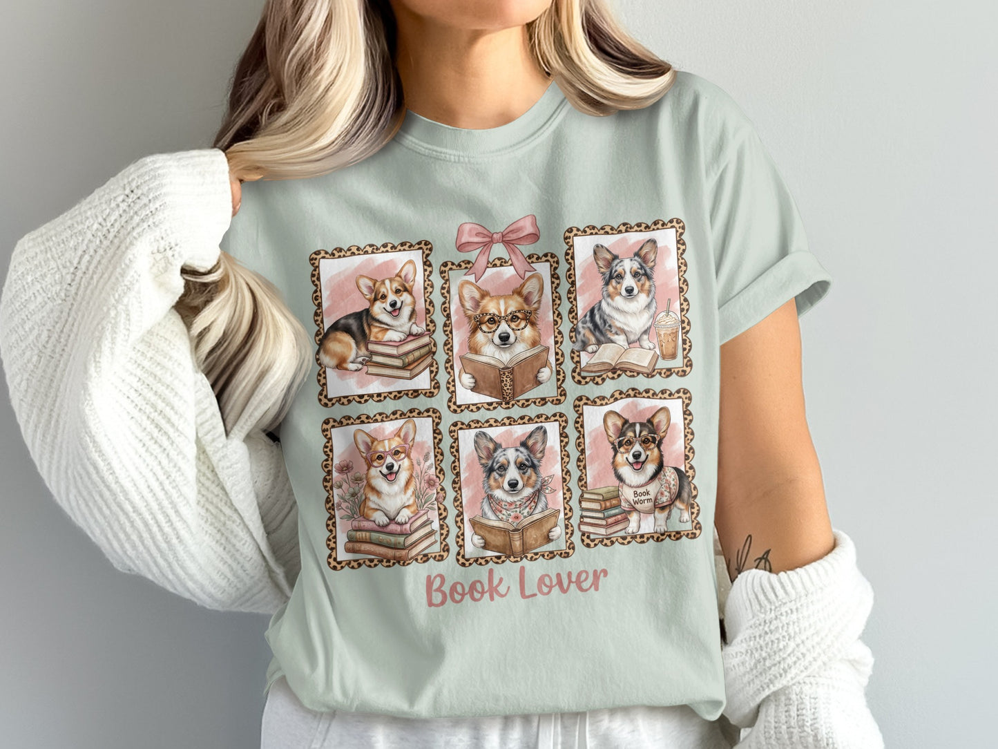 Six framed corgis reading books, "Book Lover" text below.