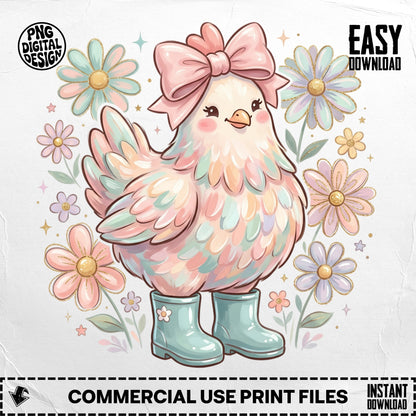 Cute chicken in boots surrounded by pastel flowers, "EASY DOWNLOAD" text.