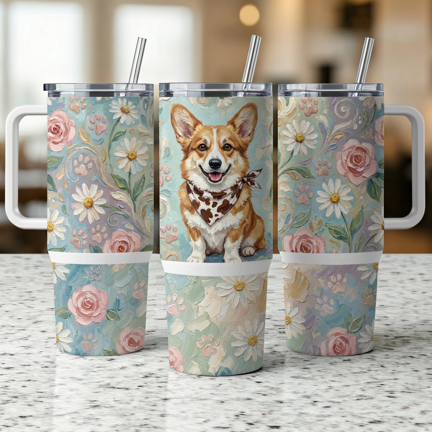 Corgi wearing bandana on floral tumbler with straw.