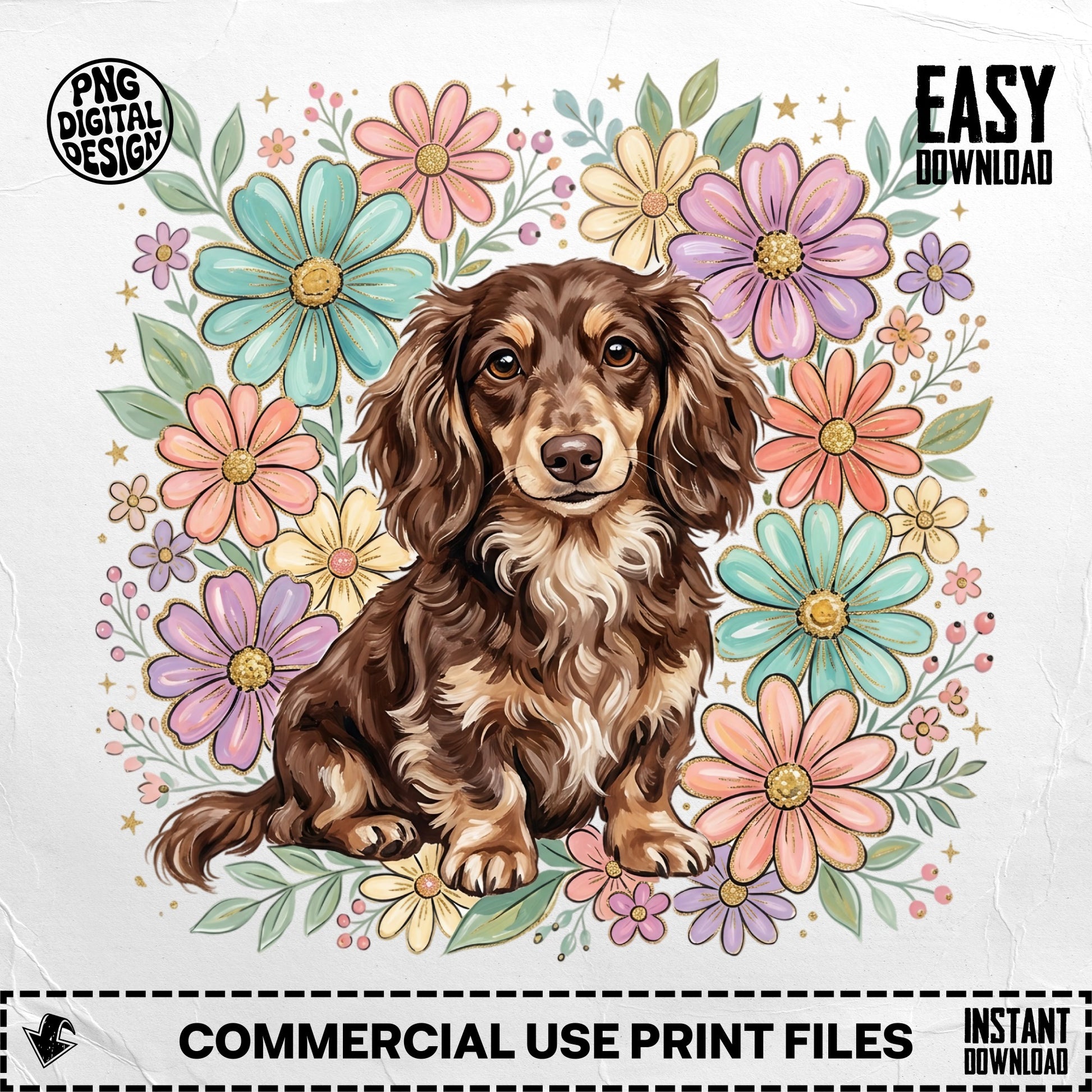 Dachshund dog surrounded by colorful flowers and leaves.