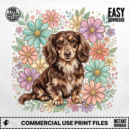 Dachshund dog surrounded by colorful flowers and leaves.