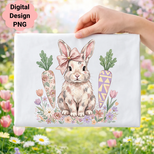 Watercolor bunny with carrots and flowers, "Digital Design PNG" text.