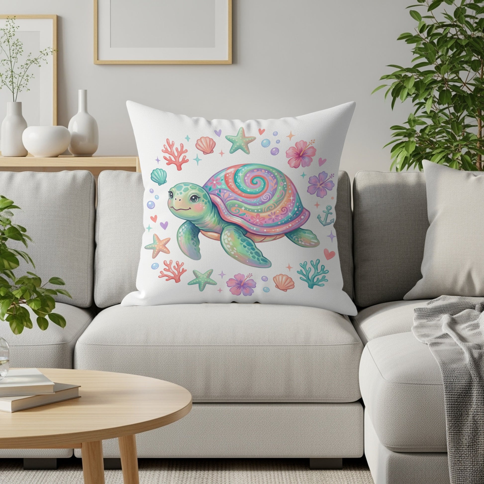Whimsical sea turtle with colorful spiral pattern on a decorative pillow.