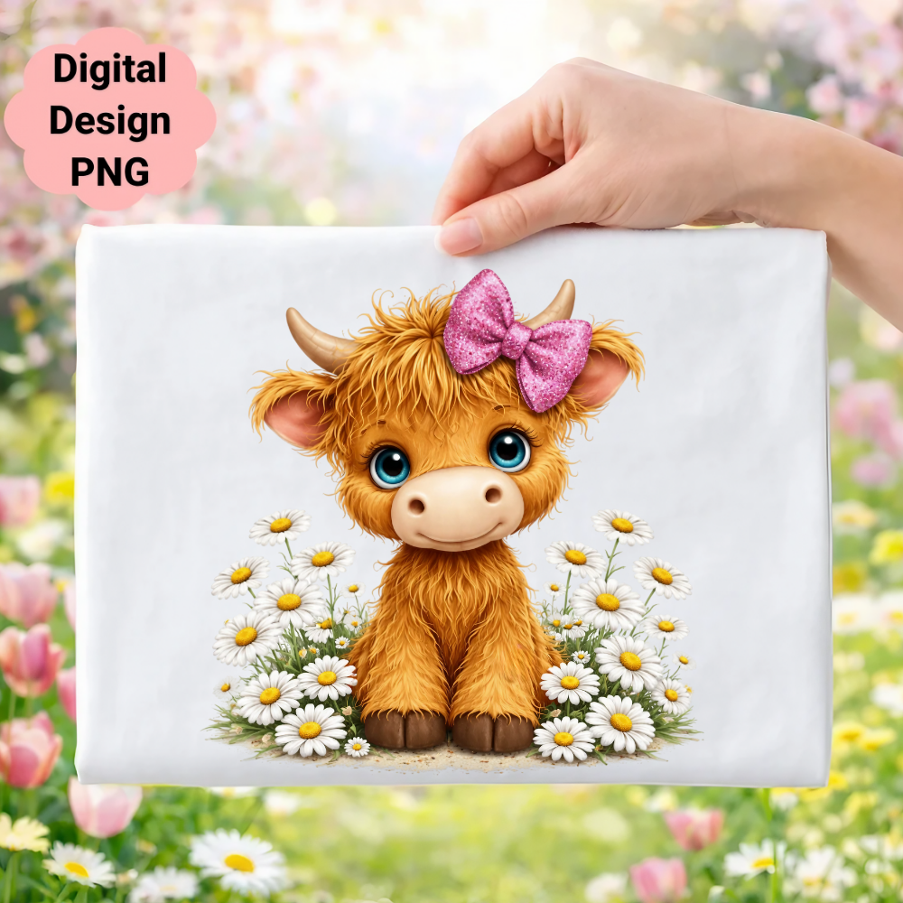 Fluffy Highland cow with pink bow and daisies.