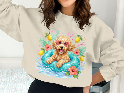 Brown poodle wearing heart sunglasses floats in inflatable ring surrounded by lemons and hibiscus flowers.