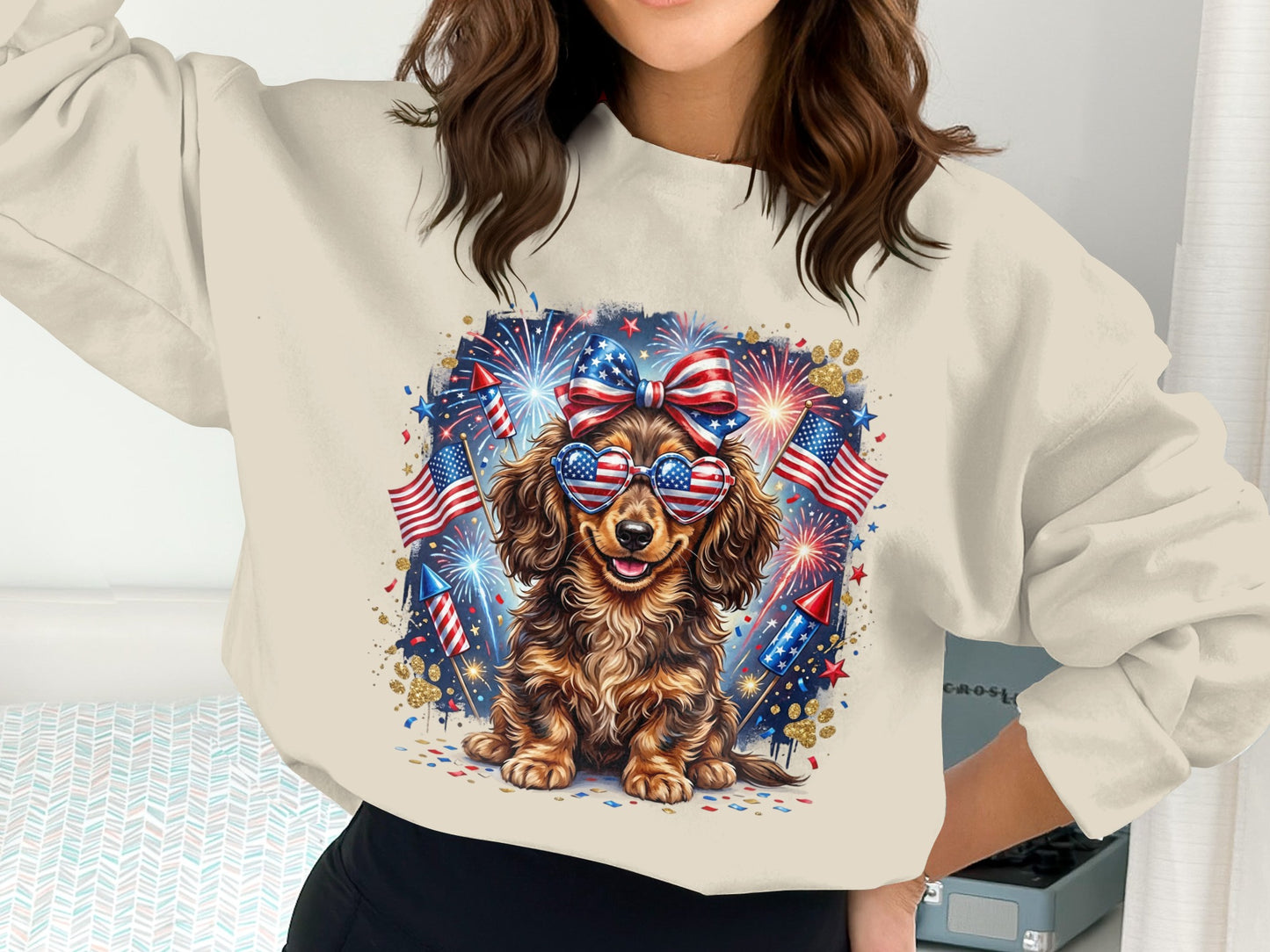 Dachshund wearing patriotic sunglasses and a bow, surrounded by fireworks and confetti.