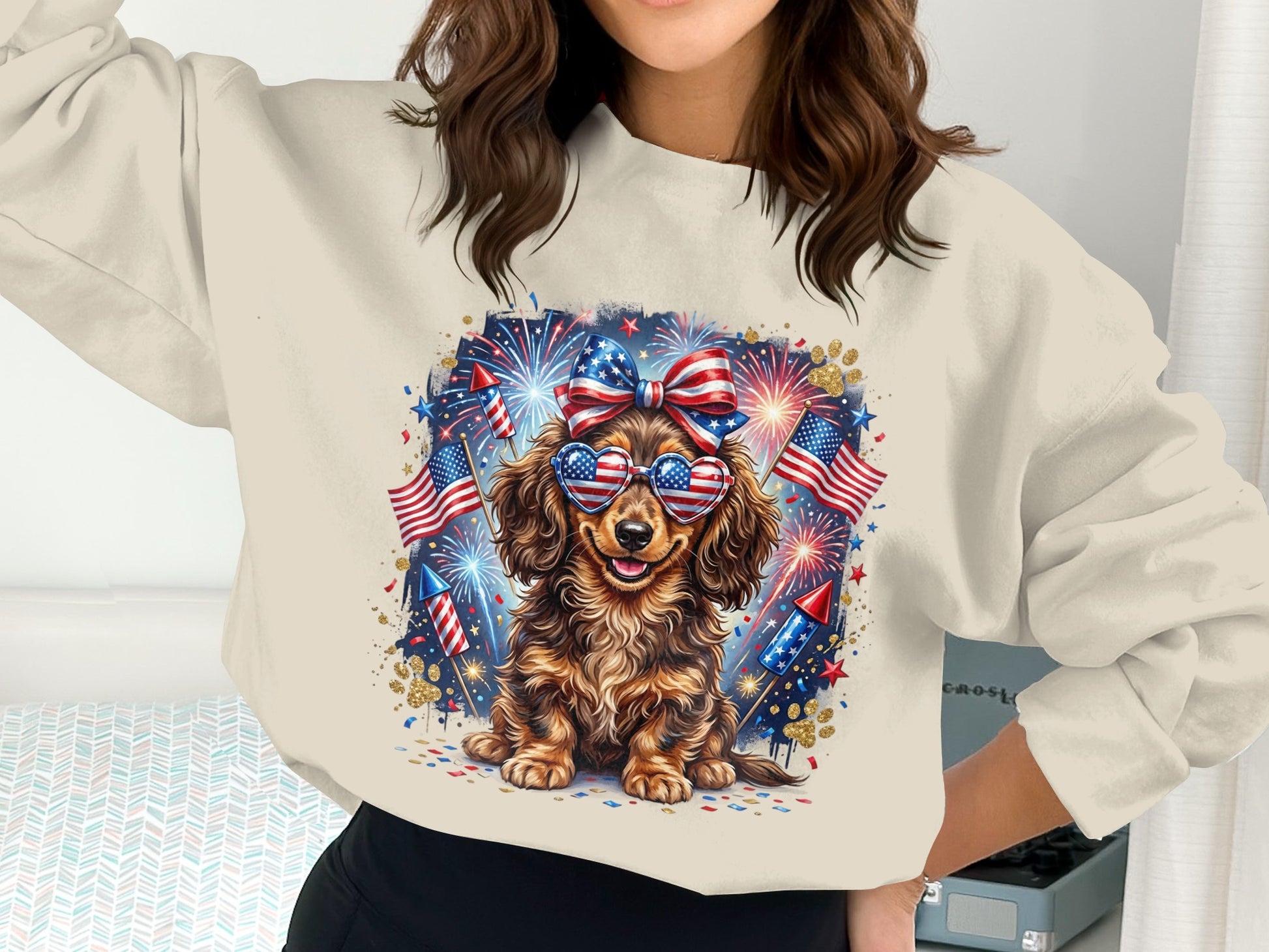 Dachshund wearing patriotic sunglasses and a bow, surrounded by fireworks and confetti.