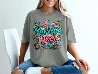 Registered Nurse graphic tee with stethoscope, syringe, and heart monitor.