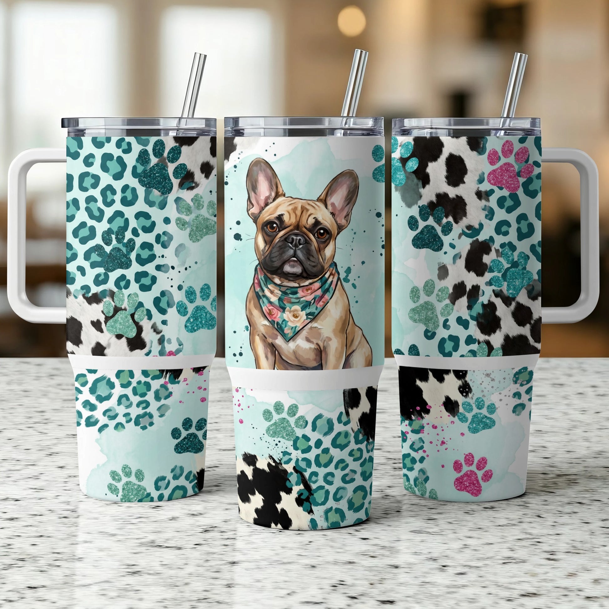 French bulldog with bandana on teal splatter tumbler with paw prints.