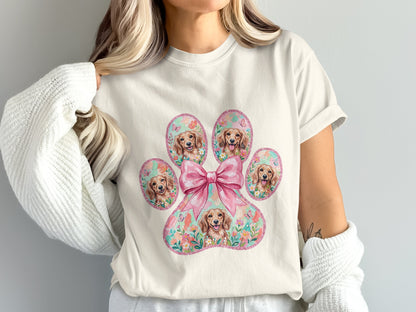 Cream t-shirt with a large paw print filled with dog faces and a pink bow.