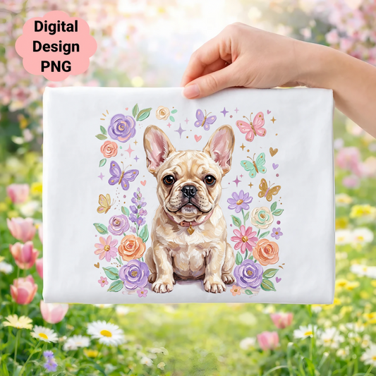 French bulldog with floral and butterfly border.