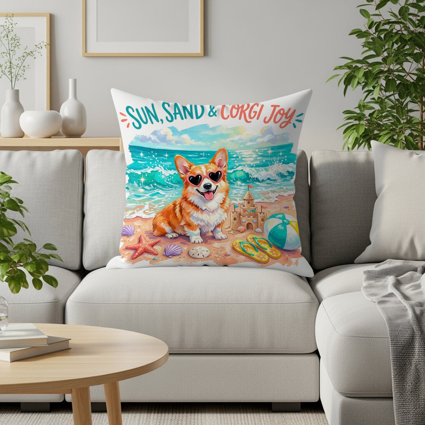 Corgi in sunglasses on a beach with text "Sun, Sand & Corgi Joy".