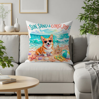 Corgi in sunglasses on a beach with text "Sun, Sand & Corgi Joy".