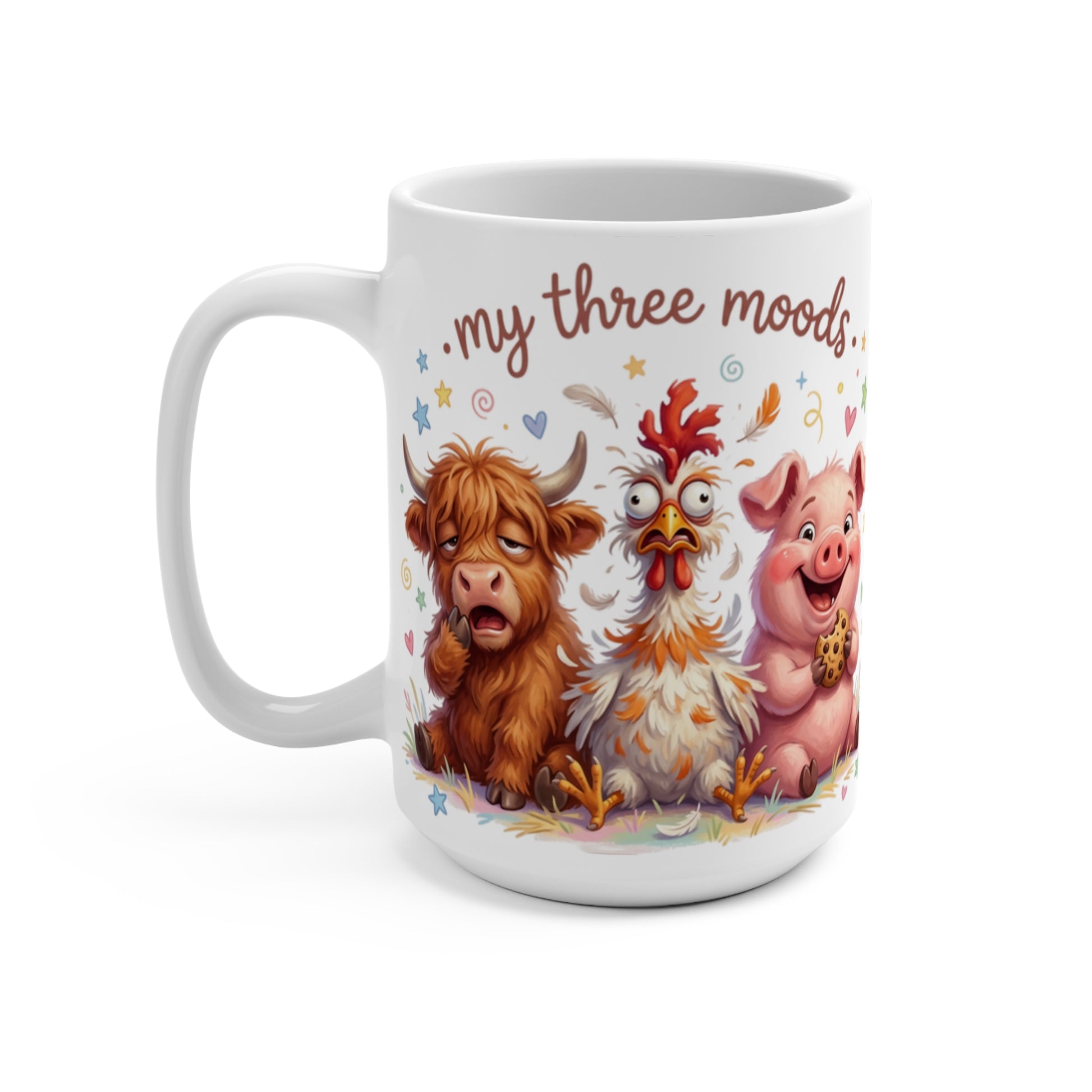 Three cartoon farm animals, cow, chicken, and pig, with text "my three moods".