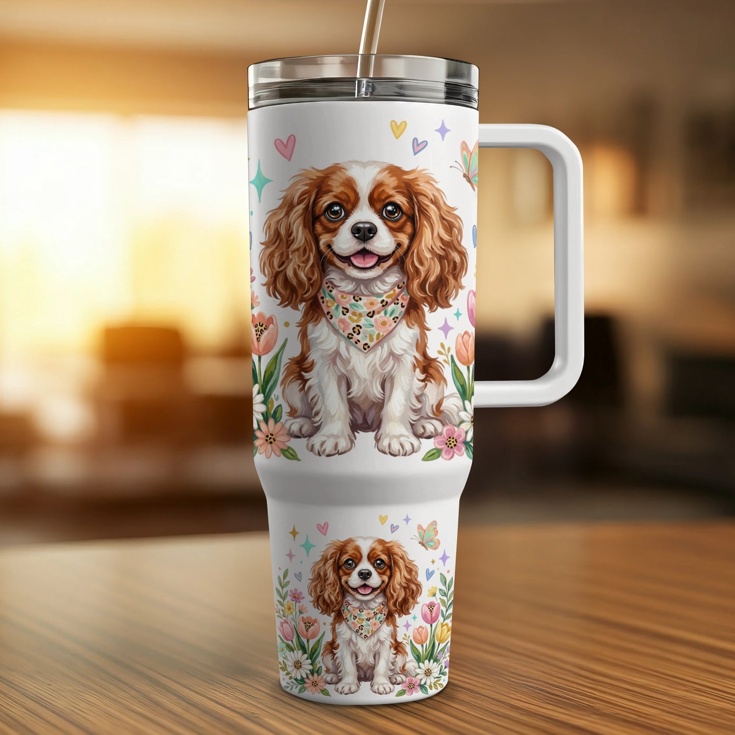 White tumbler with repeating Cavalier King Charles Spaniel pattern and floral accents.