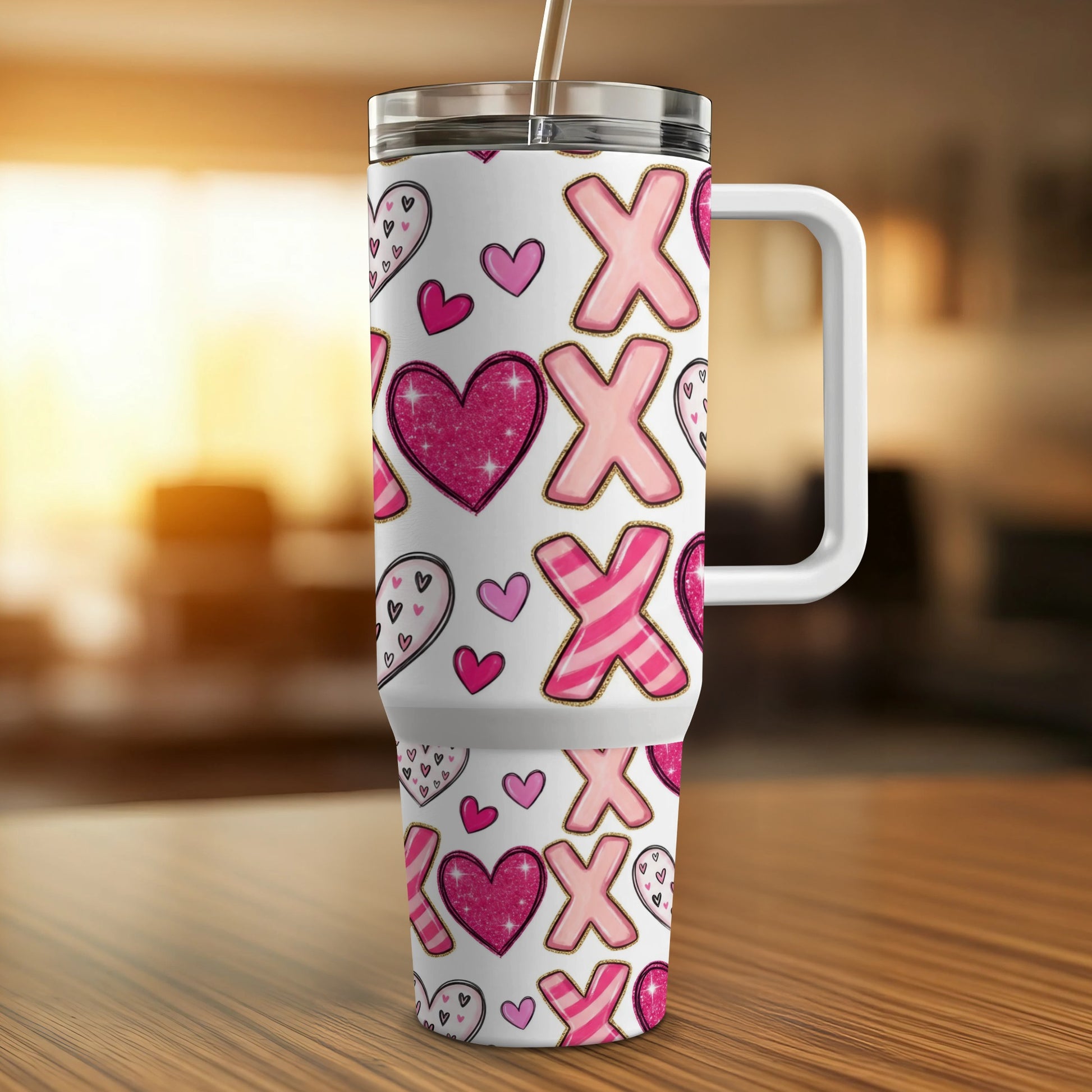 White tumbler with pink X and O pattern and glitter hearts.
