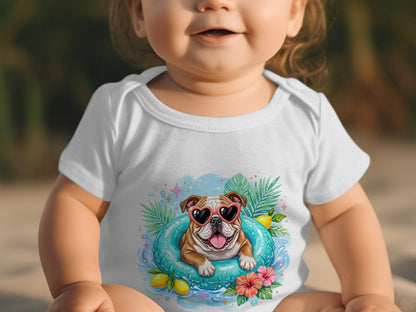 Baby wearing white bodysuit with bulldog and pool graphic.