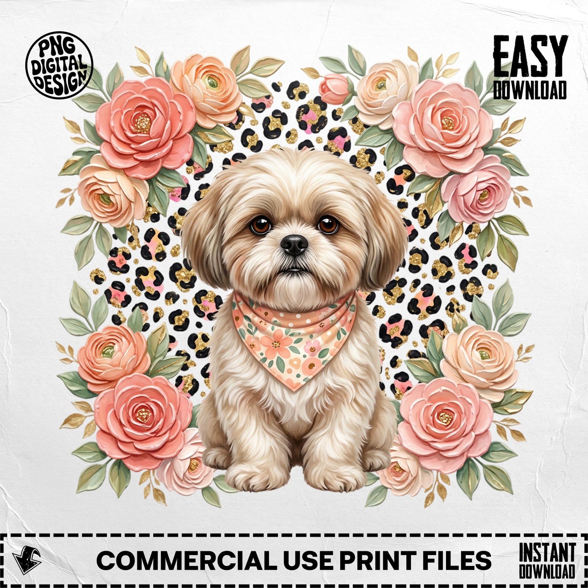 Shih Tzu dog wearing bandana surrounded by floral leopard print and text.