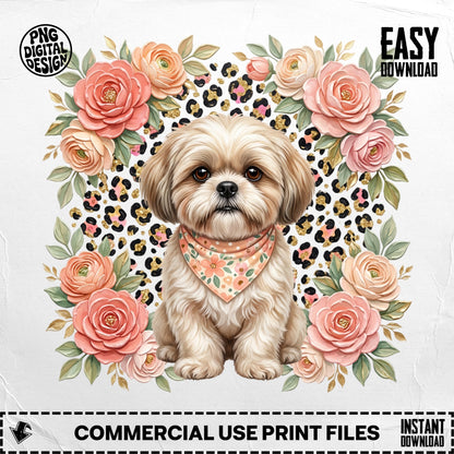 Shih Tzu dog wearing bandana surrounded by floral leopard print and text.