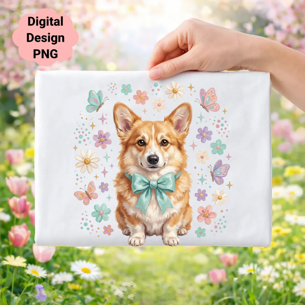 Corgi wearing a blue bow surrounded by flowers and butterflies.