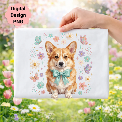 Corgi wearing a blue bow surrounded by flowers and butterflies.