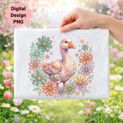 Watercolor goose surrounded by pastel flowers and greenery.