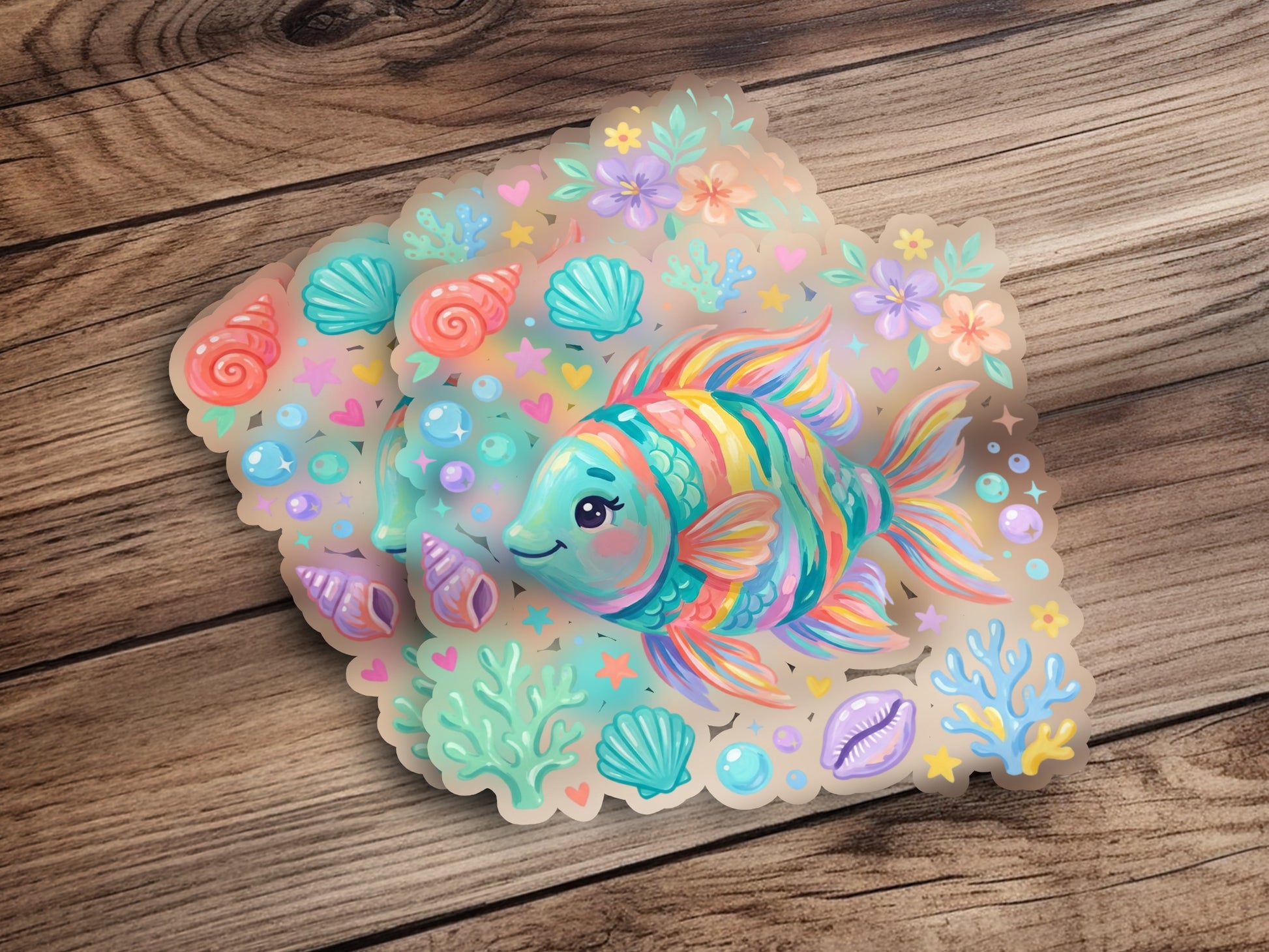 Colorful cartoon fish surrounded by seashells, coral, and flowers.