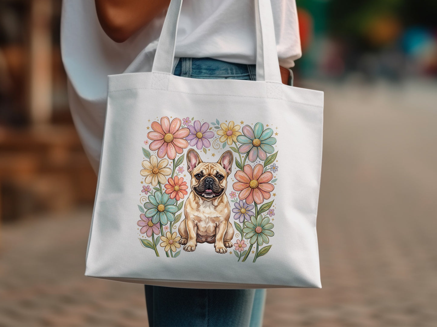 White tote bag featuring a French Bulldog surrounded by pastel flowers.