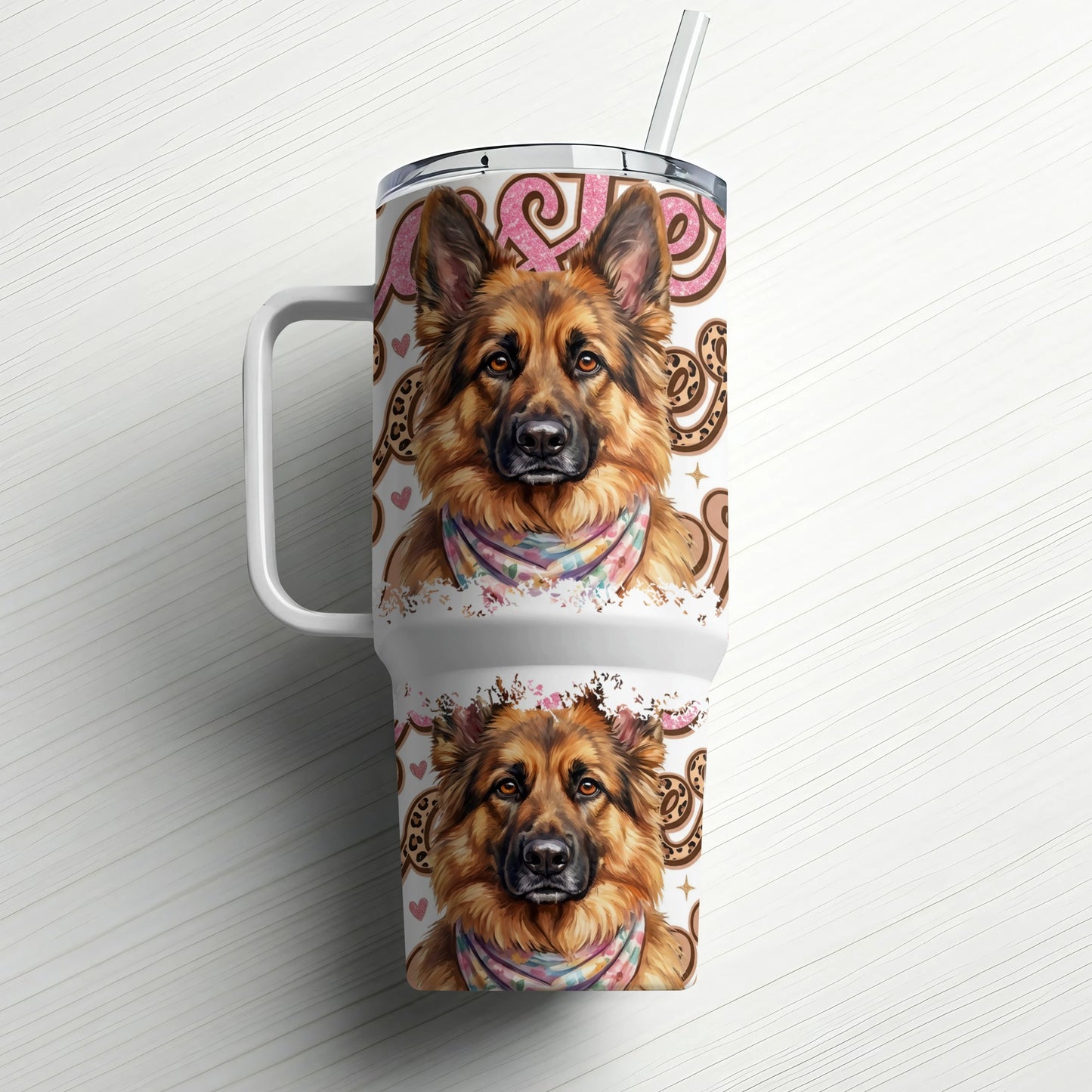 German Shepherd dog faces with colorful bandanas on patterned tumblers.
