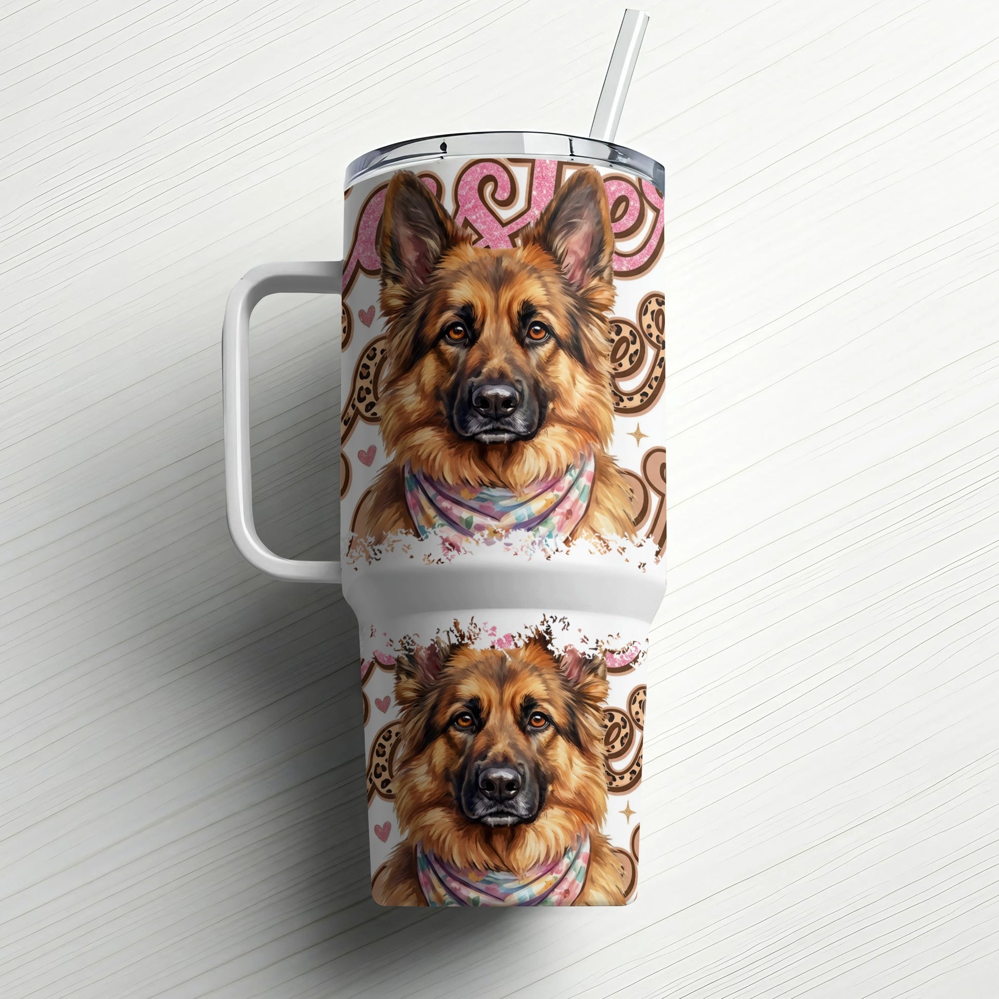 German Shepherd dog faces with colorful bandanas on patterned tumblers.