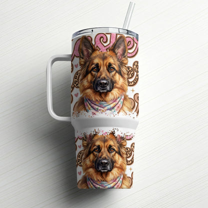 German Shepherd dog faces with colorful bandanas on patterned tumblers.