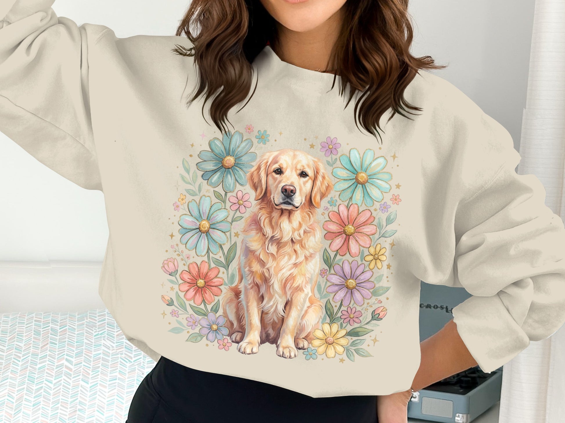 Golden retriever dog surrounded by colorful pastel flowers.
