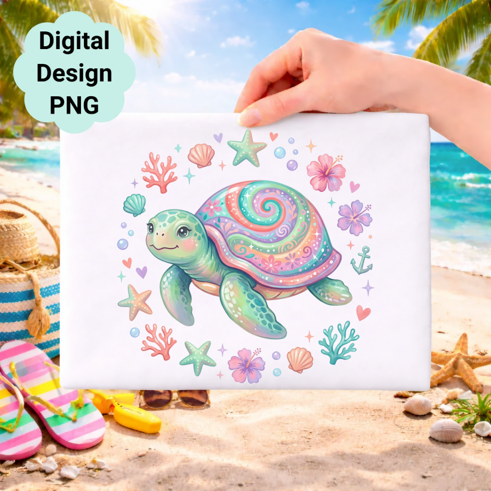 Illustration of a colorful spiral sea turtle with seashells and flowers on a beach.
